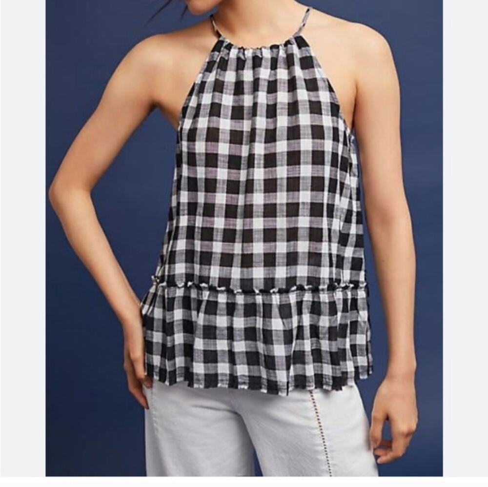 Cloth & Stone Black & White Gingham Halter Top - Frayed Hem - Petite Small